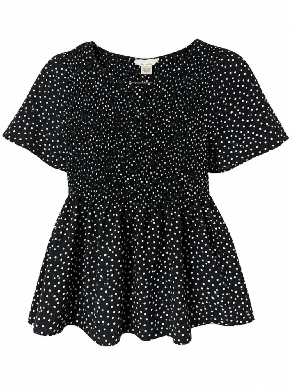Urban Romantics Black White Polka Dot Smocked Babydoll Blouse Medium Peplum
